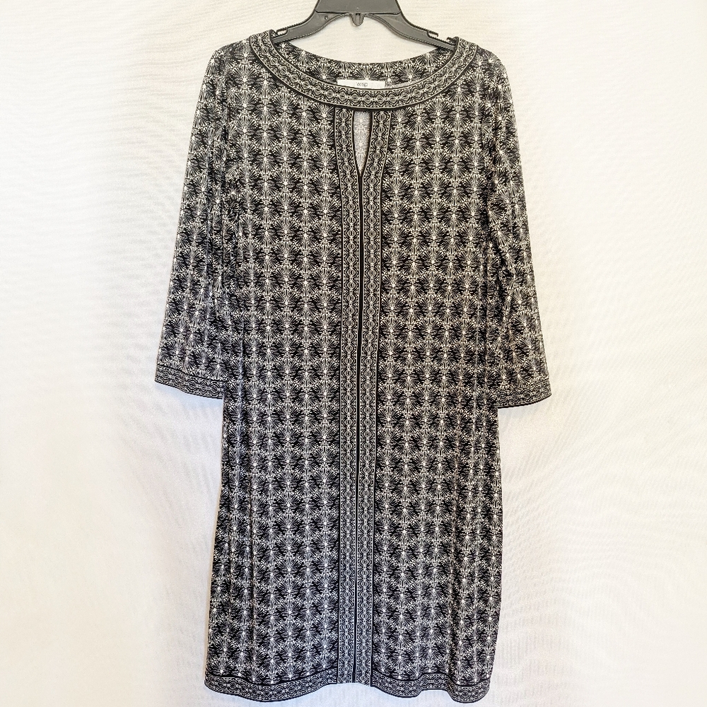 Wisp Black and White Patterned Sheath Dress - Size 14